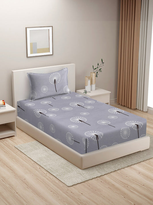 Grey & White 210 TC Cotton Flat Single Bedsheet With 1 Pillow Cover