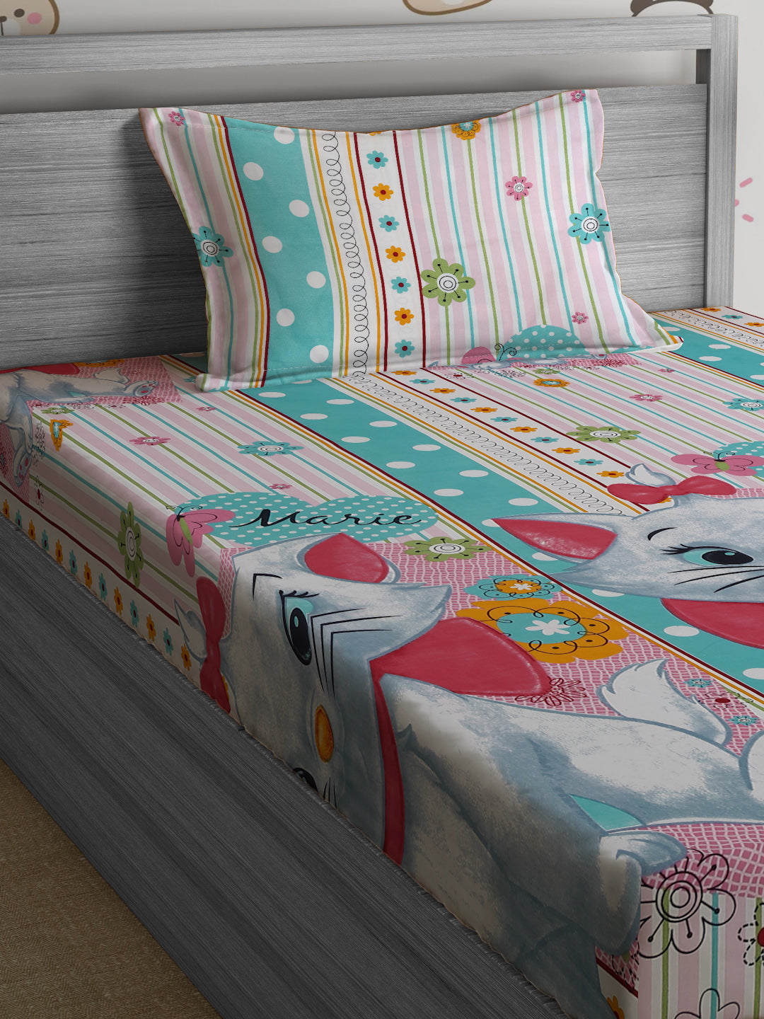 Hosta Homes Kitty Printed Multicolored Kids Bedsheet With Pillow Cover image 2