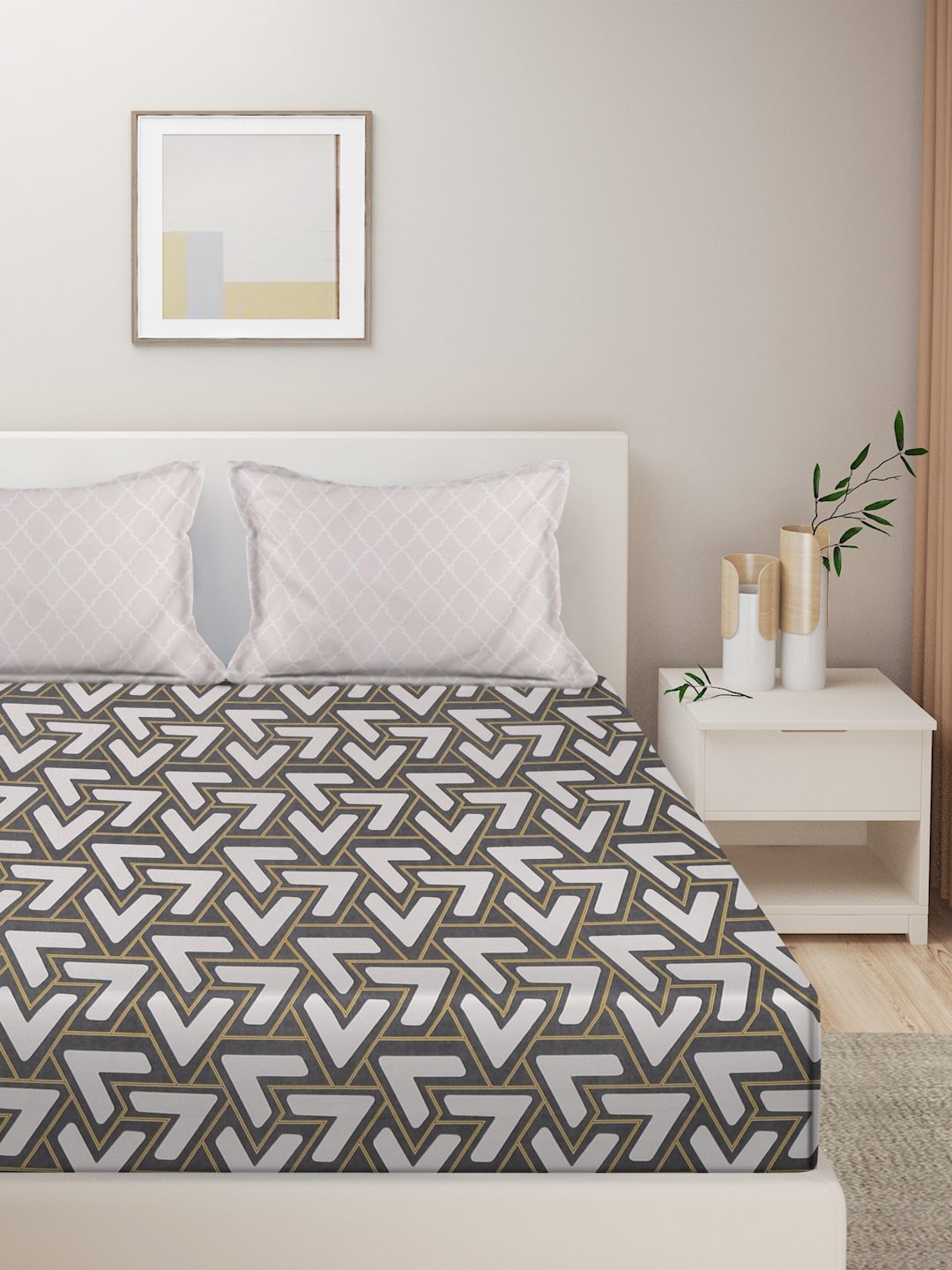 Hosta Homes Geometric Design Multicolored Bed Sheet With Pillow Covers image 1