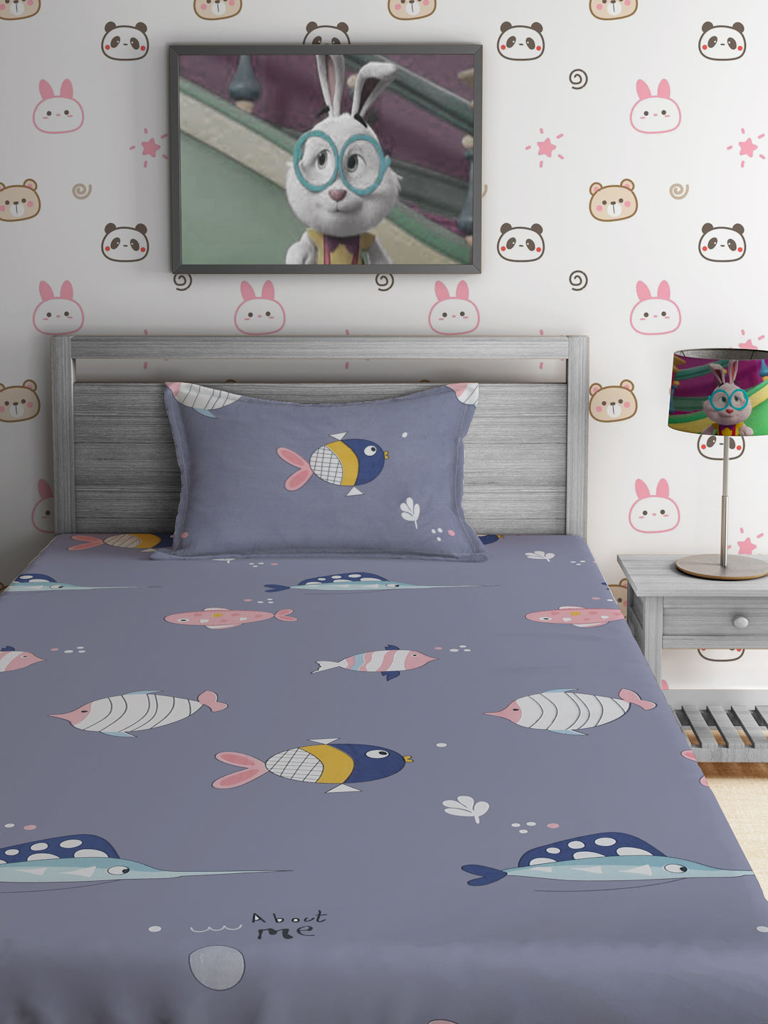 Hosta Homes Cute Mini Fish Printed Multicolored Bed Sheet With Pillow Cover image 1