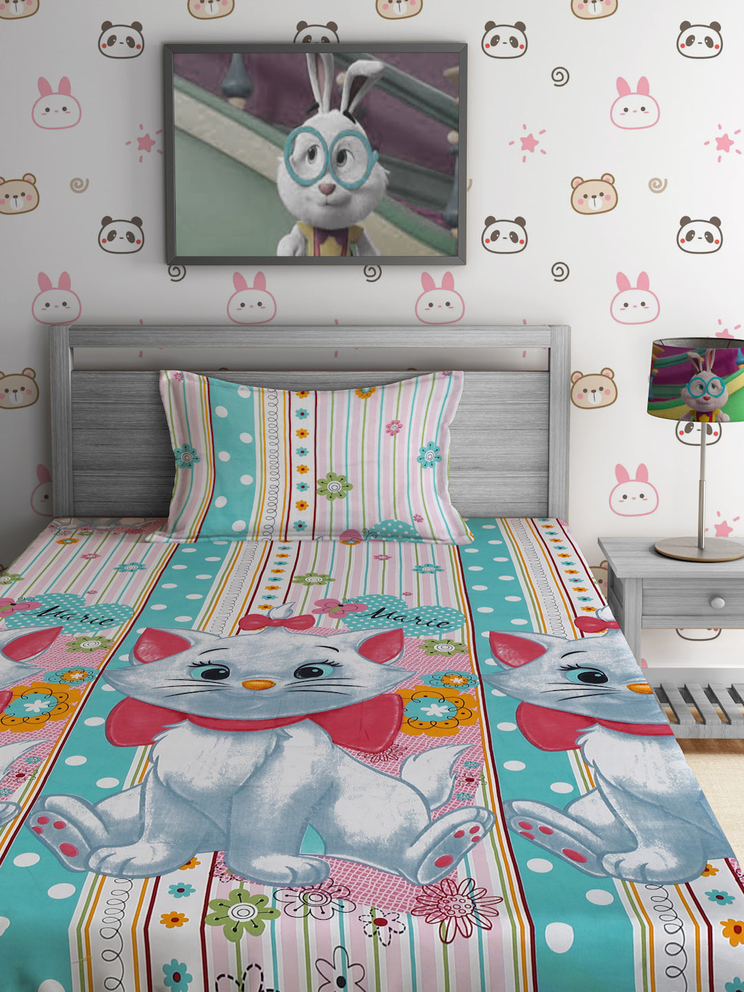 Hosta Homes Kitty Printed Multicolored Kids Bedsheet With Pillow Cover image 1