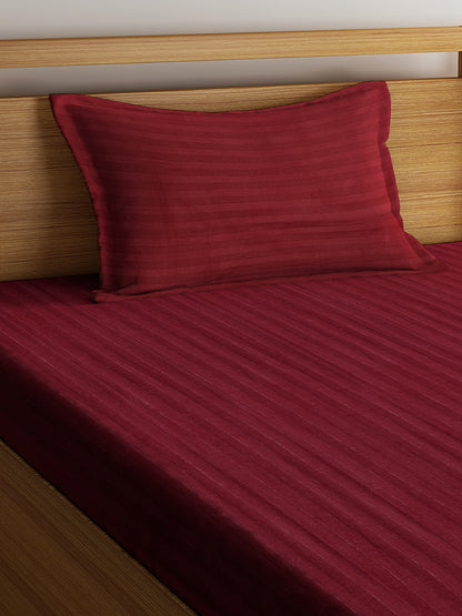 HOSTA HOMES Maroon Striped 300 TC Cotton Bedsheet with Pillow Cover image 2