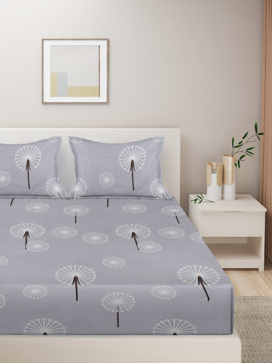 Grey & White Floral 280 TC King Pure Cotton Bedsheet with 2 Pillow Covers