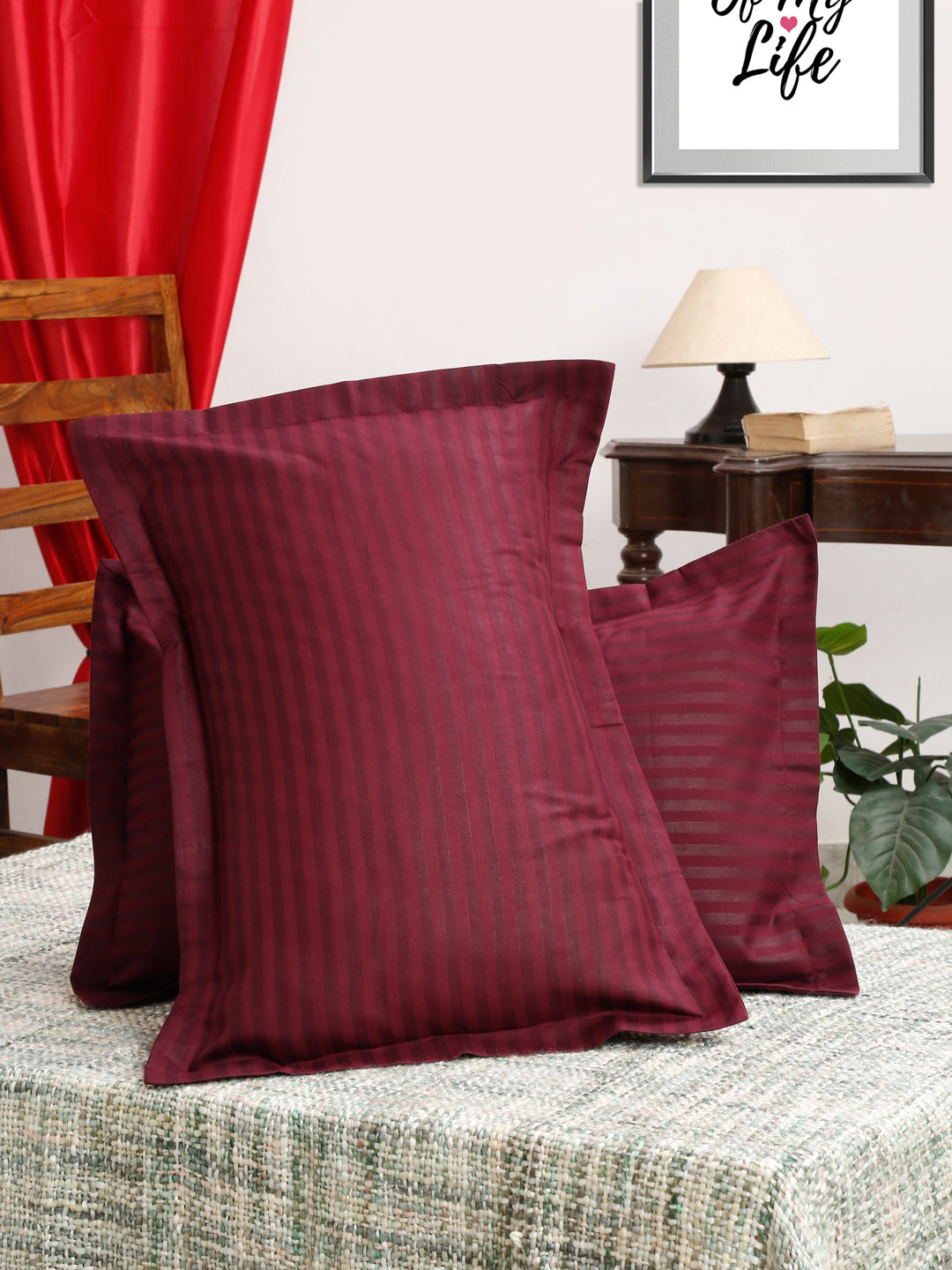 HOSTA HOMES Set of 2 Striped Cotton Pillow Covers with Zip Closure - Maroon image