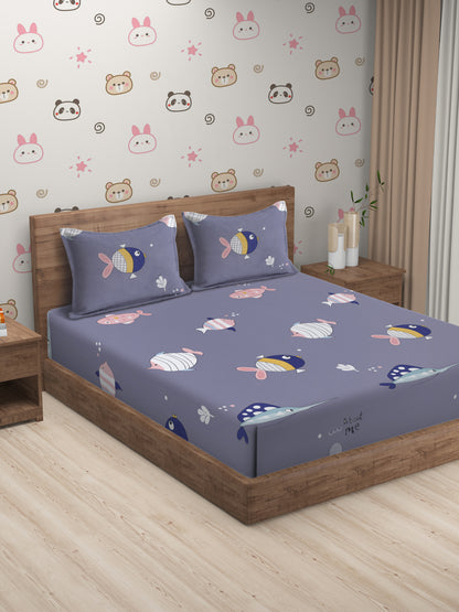 Hosta Homes Cute Mini Fish Printed Multicolored Bed Sheet With Pillow Covers image 0