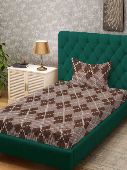 Beige & Brown Abstract Printed 280 TC Single Bedsheet Set-1.52 m x 2.28 m