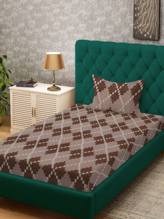 Beige & Brown Abstract Printed 280 TC Single Bedsheet Set-1.52 m x 2.28 m
