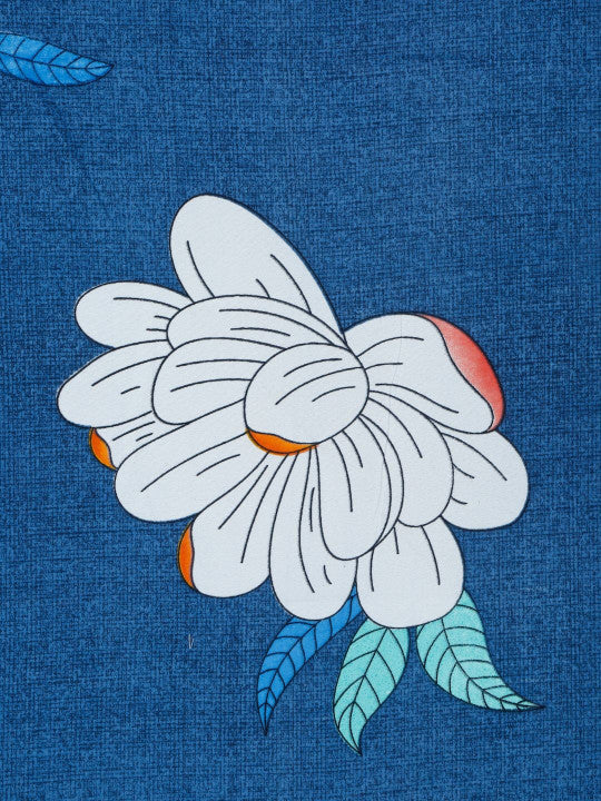 Blue Floral Cotton 300 TC Fitted Queen Fine Bedsheet with 2 Pillow Covers-72 x 78 inches