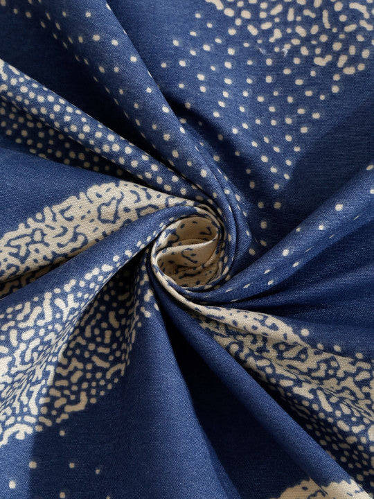Blue Geometric Polycotton 280 TC Fitted Queen Fine Bedsheet with 2 Pillow Covers-90 x 100 inches