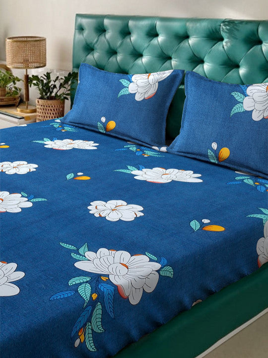 Blue Floral Cotton 280 TC Queen Fine Bedsheet with 2 Pillow Covers-90 x 100 inches