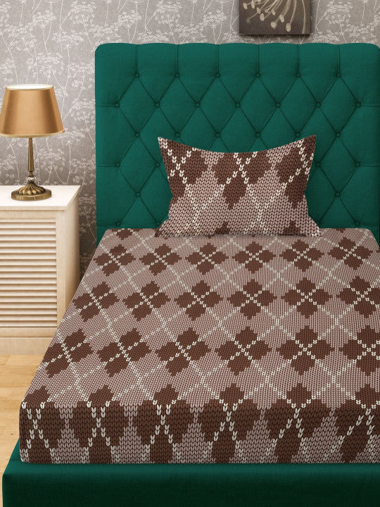 Beige & Brown Abstract Printed 280 TC Single Bedsheet Set-1.52 m x 2.28 m