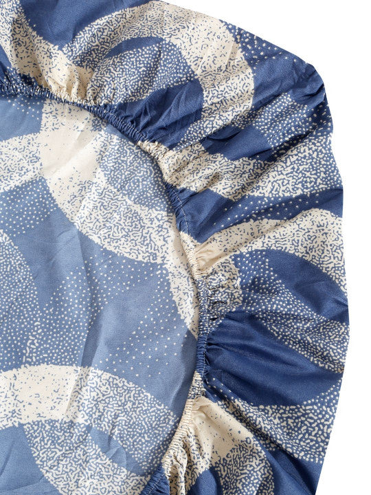 Blue Geometric Polycotton 280 TC Fitted Queen Fine Bedsheet with 2 Pillow Covers-90 x 100 inches