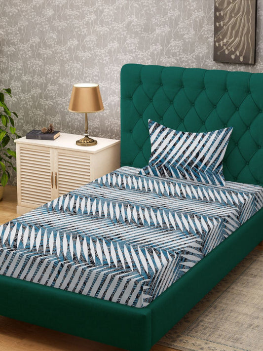 White & Blue Geometric Printed 280 TC Single Bedsheet Set-1.52 m x 2.28 m