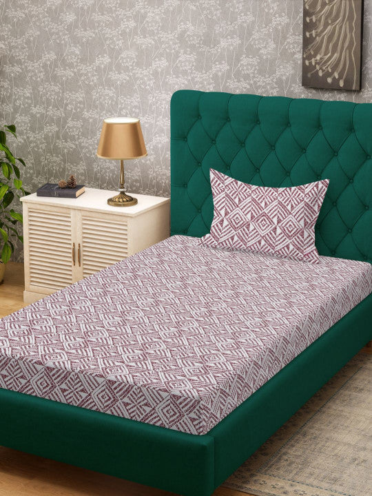 Off White & Maroon Geometric Printed 280 TC Single Bedsheet Set-1.52m x 2.28m