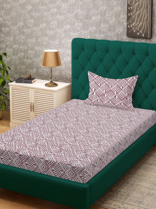 Off White & Maroon Geometric Printed 280 TC Single Bedsheet Set-1.52m x 2.28m