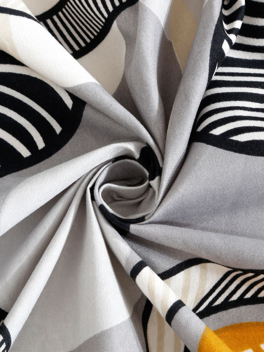 Grey Geometric Polycotton 300 TC Fitted King Fine Bedsheet with 2 Pillow Covers-78 x 78 inches