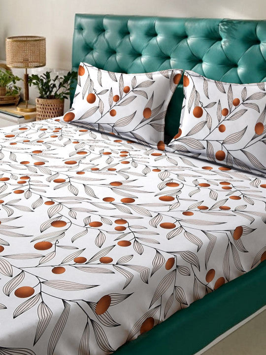 White Leaf Cotton 280 TC Fitted Queen Fine Bedsheet with 2 Pillow Covers-72 x 78 inches
