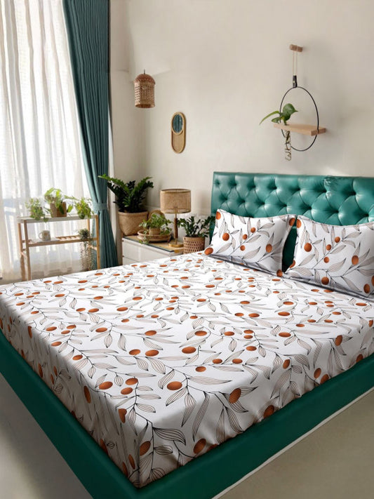 White Floral Cotton 280 TC Queen Fine Bedsheet with 2 Pillow Covers-90 x 100 inches