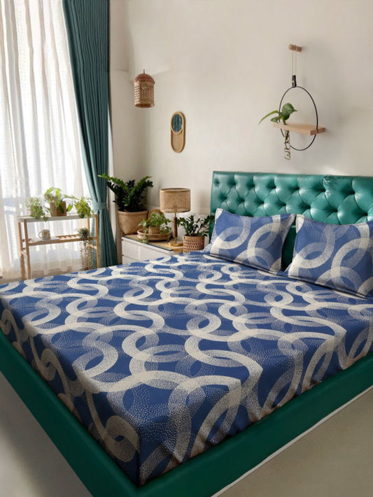 Blue Geometric Polycotton 280 TC Fitted Queen Fine Bedsheet with 2 Pillow Covers-90 x 100 inches