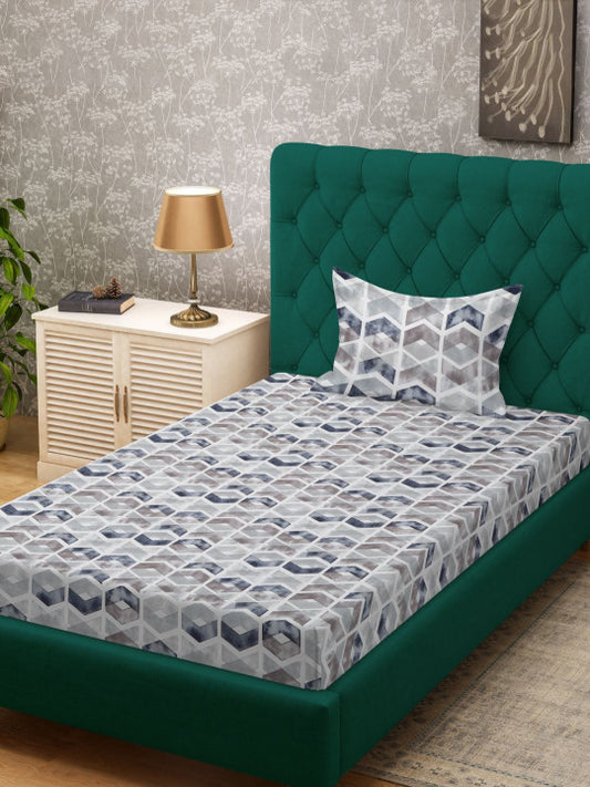 Off White & Grey Geometric Printed 280 TC Single Bedsheet Set-1.52 m x 2.28 m