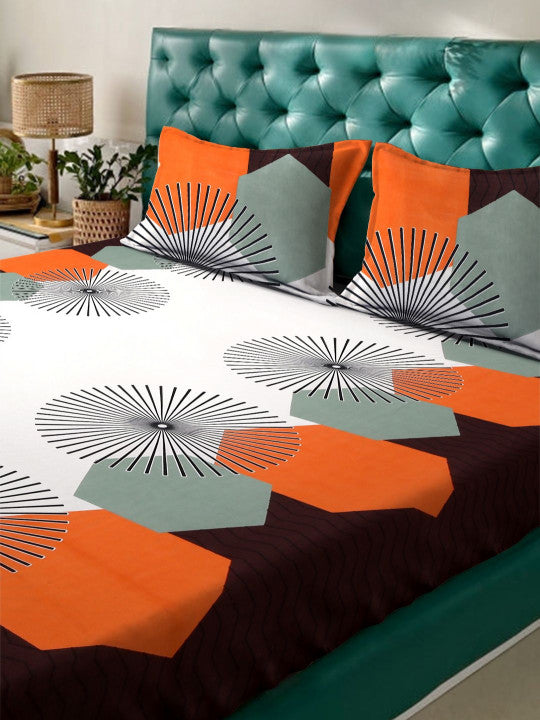 White Geometric Polycotton 300 TC Fitted Queen Fine Bedsheet with 2 Pillow Covers-72 x 78 inches