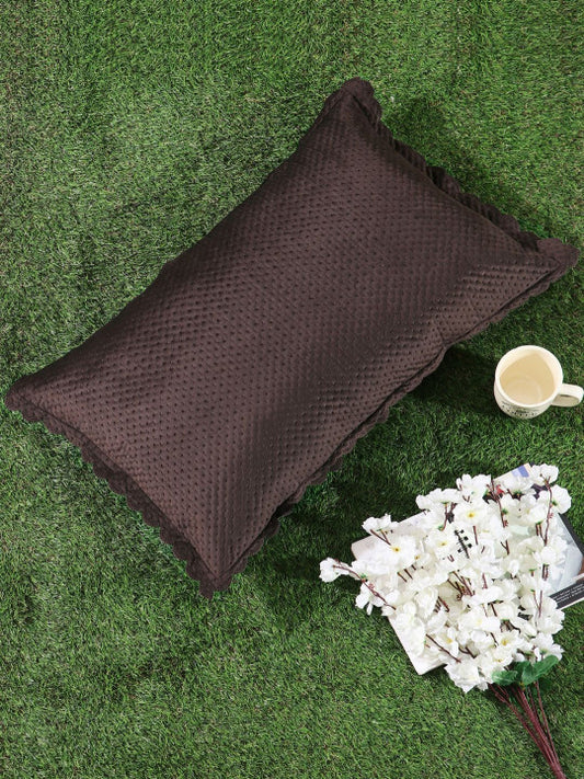 Brown & White Self Design Velvet Rectangle Pillow Cover