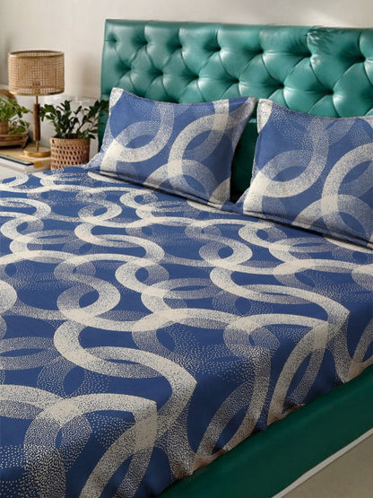 Blue Geometric Cotton 280 TC Queen Fine Bedsheet with 2 Pillow Covers-90 x 100 inches