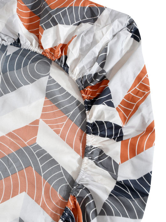 White Geometric Polycotton 280 TC Fitted Queen Fine Bedsheet with 2 Pillow Covers-72 x 78 inches