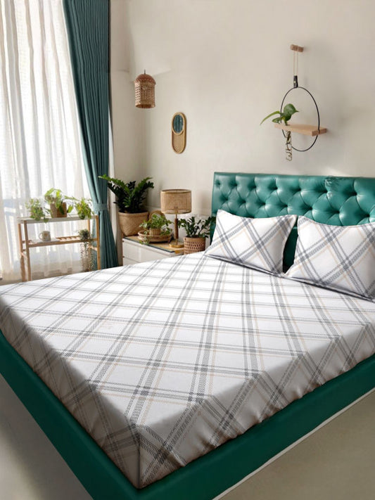 White Checked Cotton 280 TC King Fine Bedsheet with 2 Pillow Covers-100 x 107 inches
