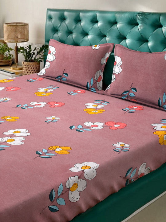 Pink Floral Cotton 280 TC Fitted Queen Fine Bedsheet with 2 Pillow Covers-72 x 43 inches