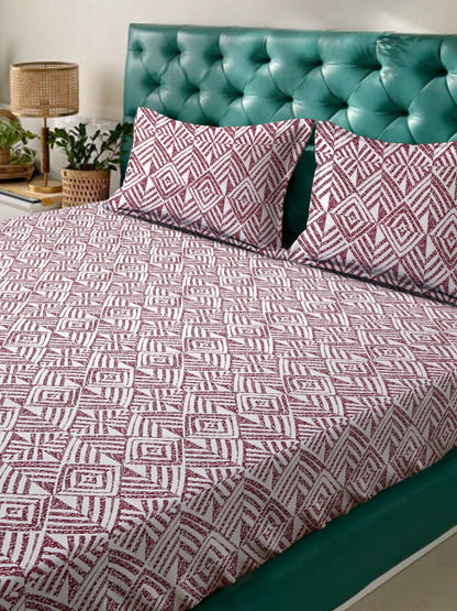White Geometric Polycotton 300 TC King Fine Bedsheet with 2 Pillow Covers-254 x 274 cm