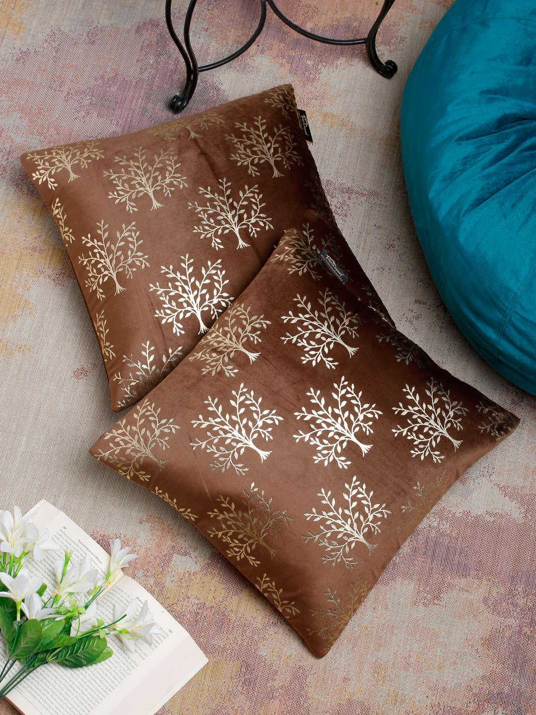 16X16 Soft Velvet , Foil Printed Brown,Pack Of 2 ,Zipper