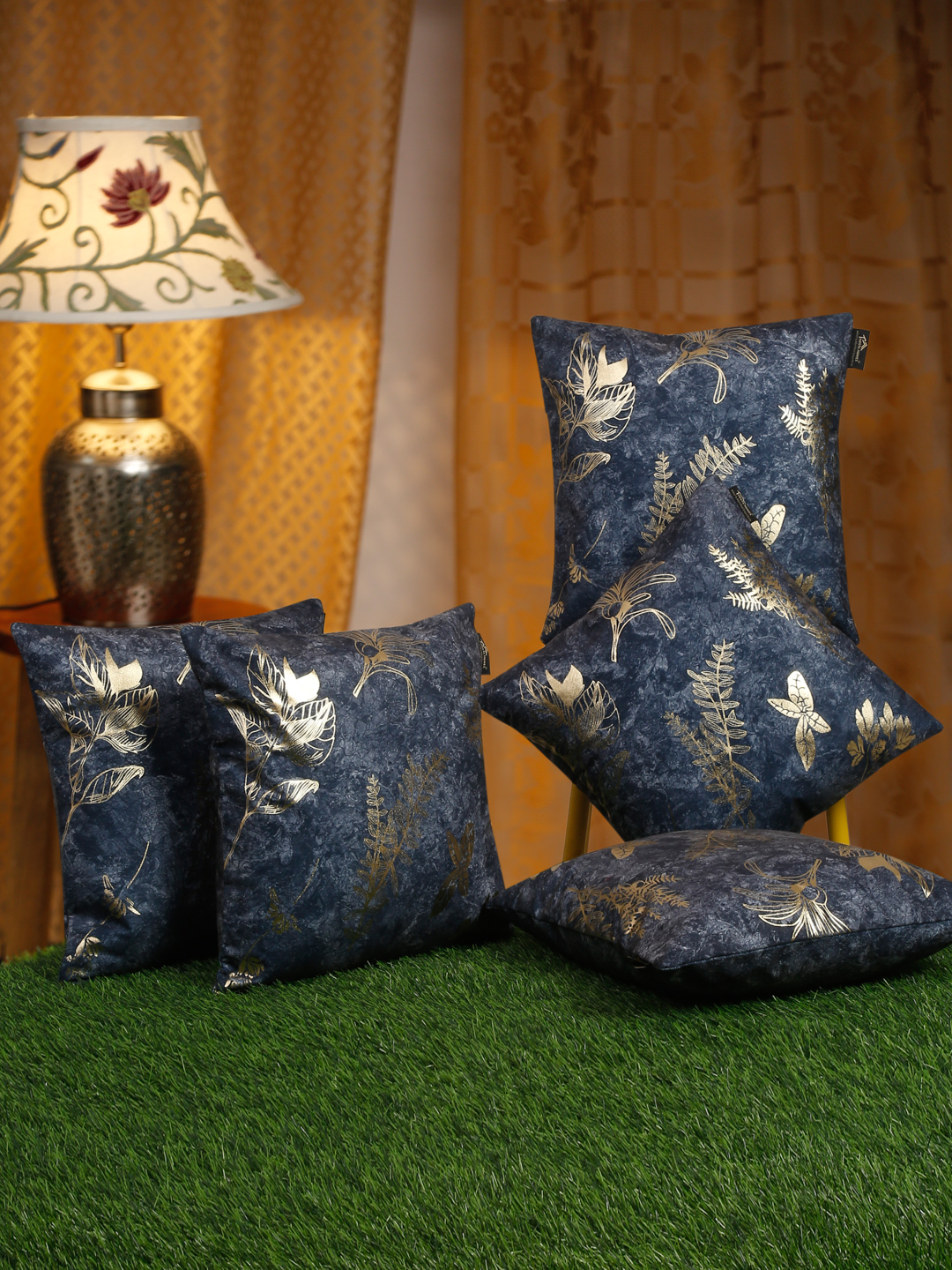 16X16 Soft Velvet , Foil Printed Blue & Gold ,Pack Of 5 ,Zipper