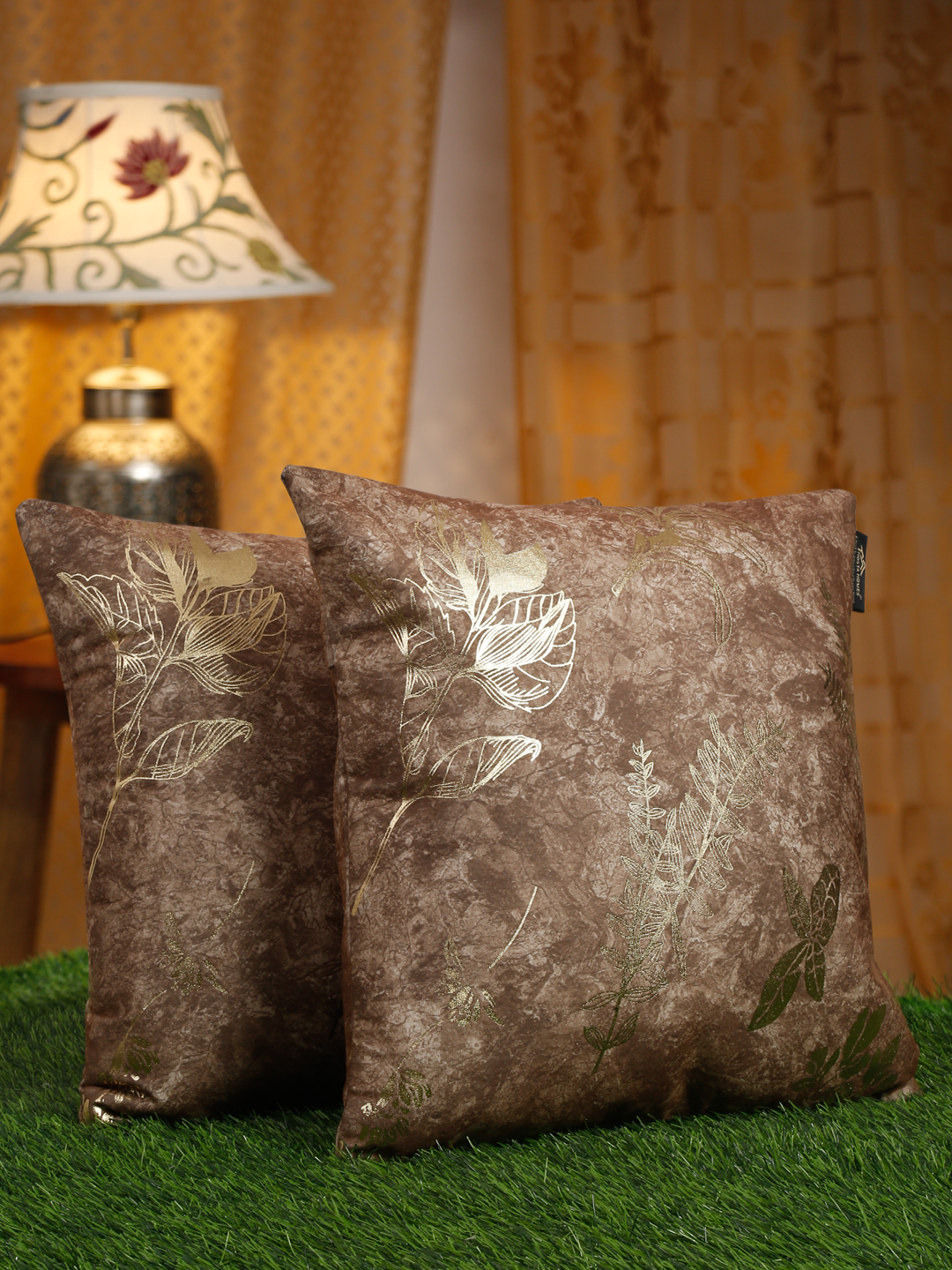 16X16 Soft Velvet , Foil Printed Brown & Gold ,Pack Of 2 ,Zipper