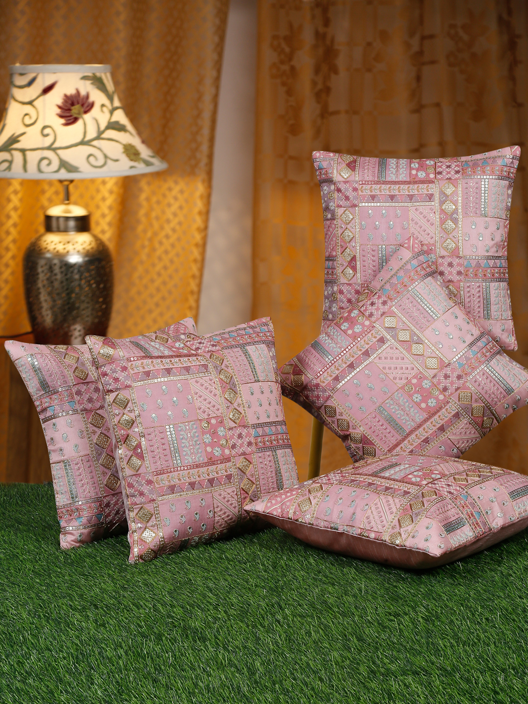 GEOMETRIC EMBELLISHED CUSHION COVERS 16 X 16 INCH PACK OF 5 BY HOSTA HOMES