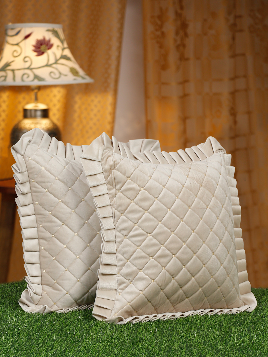 SOFT QUILTED VELVET FRILLED CUSHION COVERS PACK OF 2 BY HOSTA HOMES