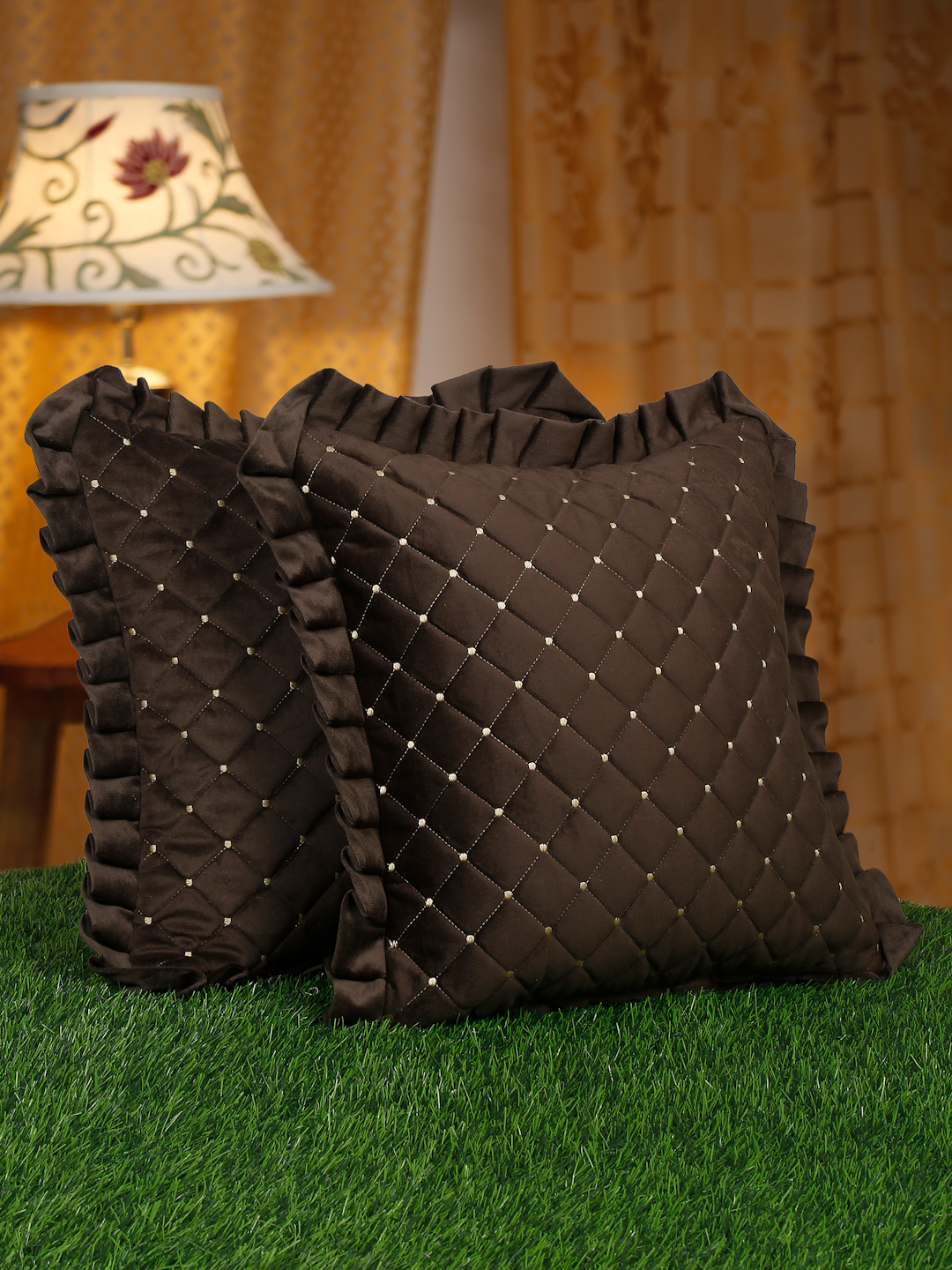 SOFT QUILTED VELVET FRILLED CUSHION COVERS PACK OF 2 BY HOSTA HOMES