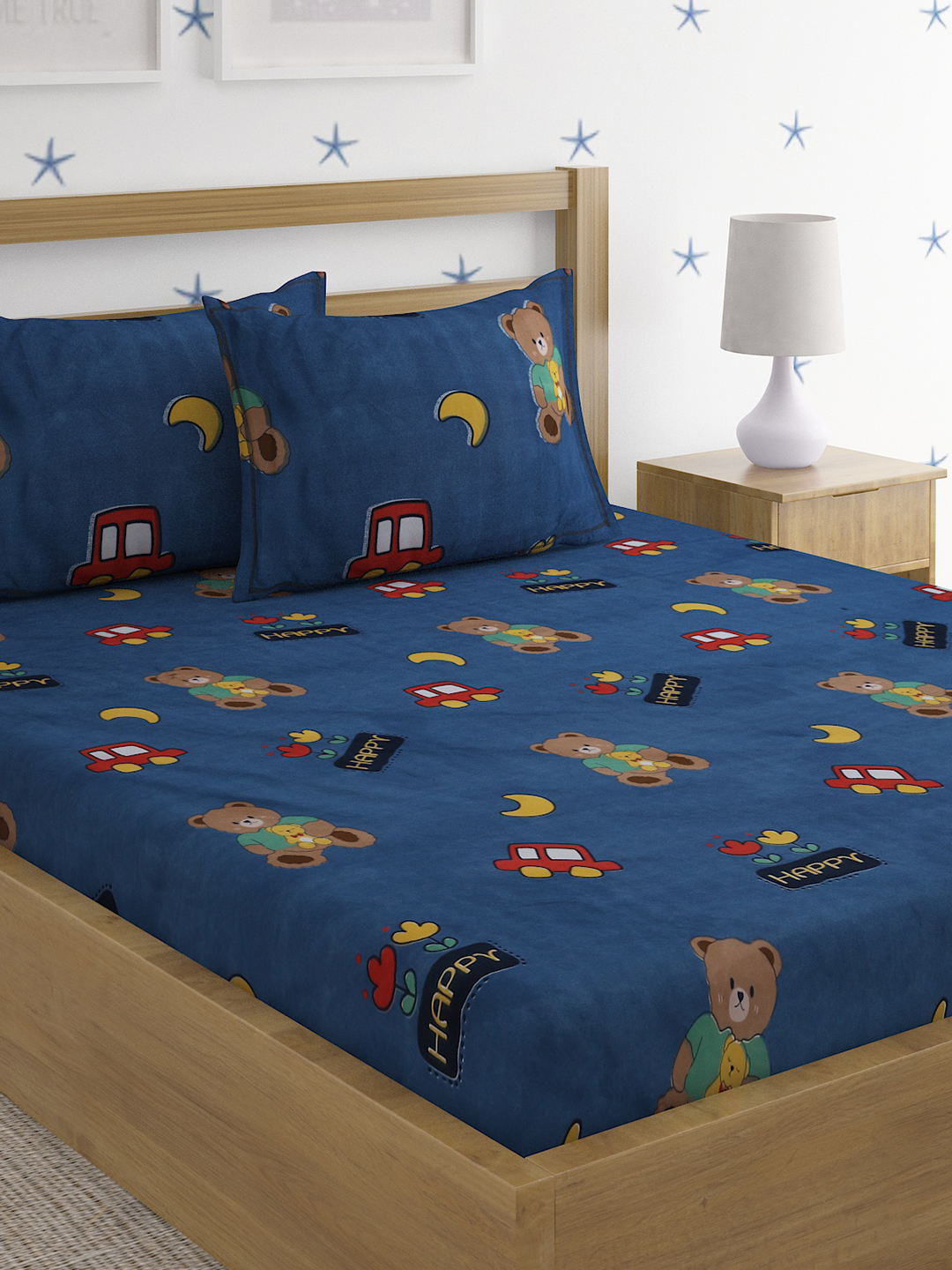 Hosta Homes Happy Teddy Multicolored Kids Bed Sheet With Pillow Covers