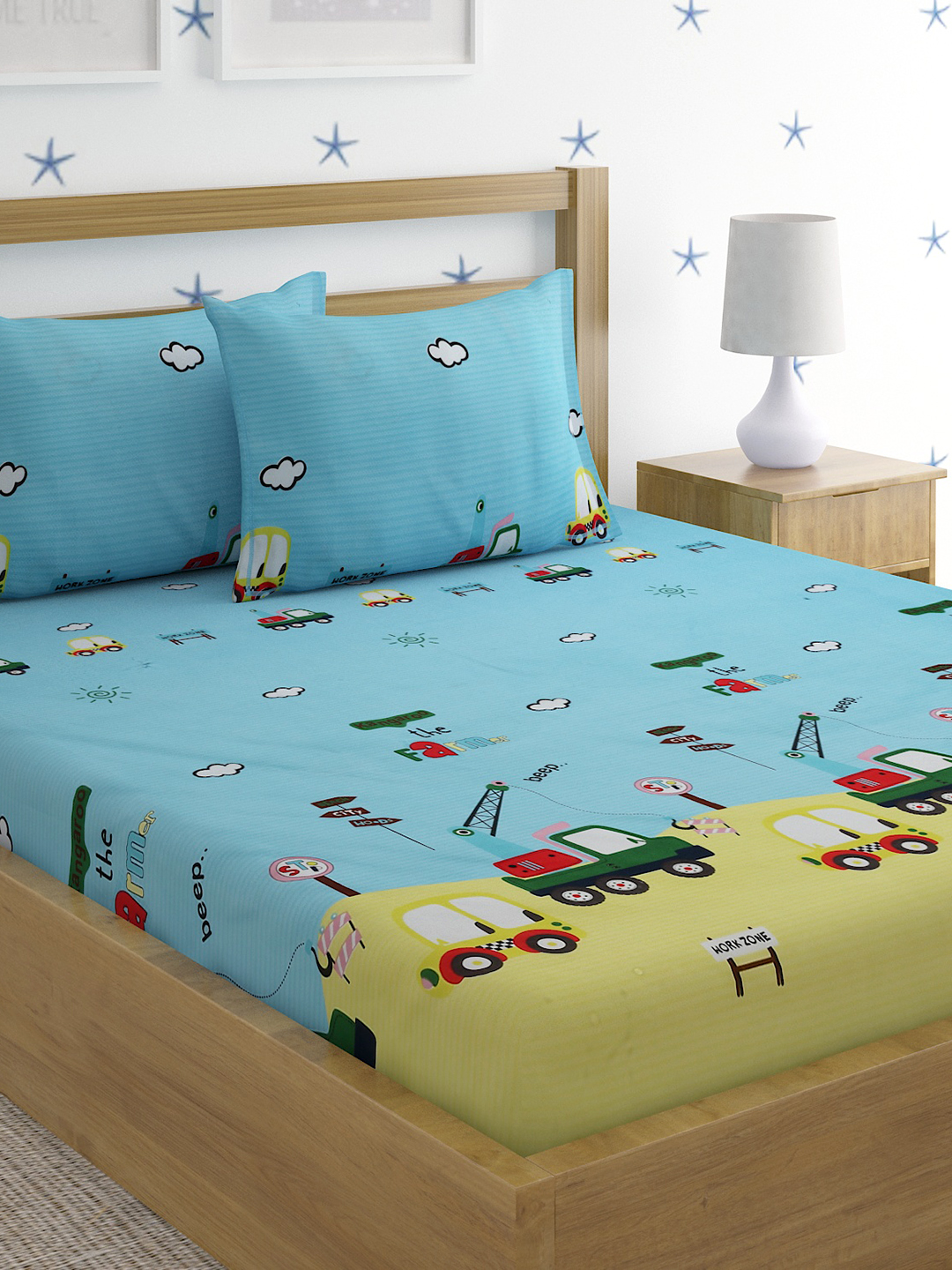Hosta Homes Farmer Work Zone Multicolored Bed Sheet With Pillow Covers