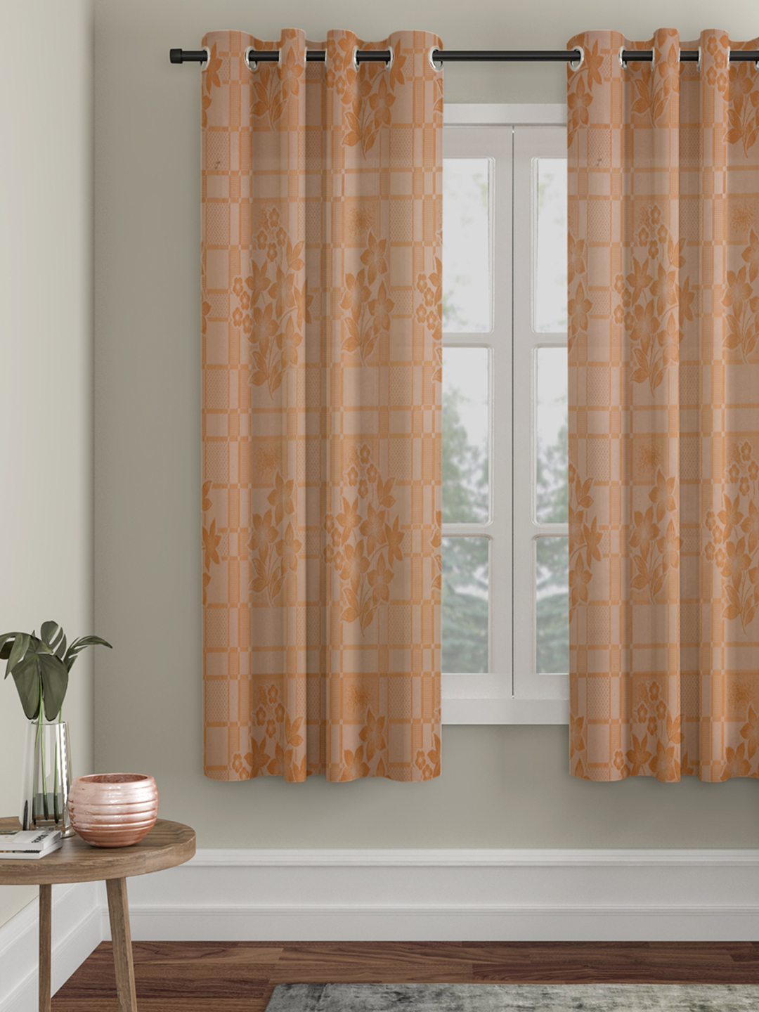 Checkered Floral Design Window Curtain Pack of 1