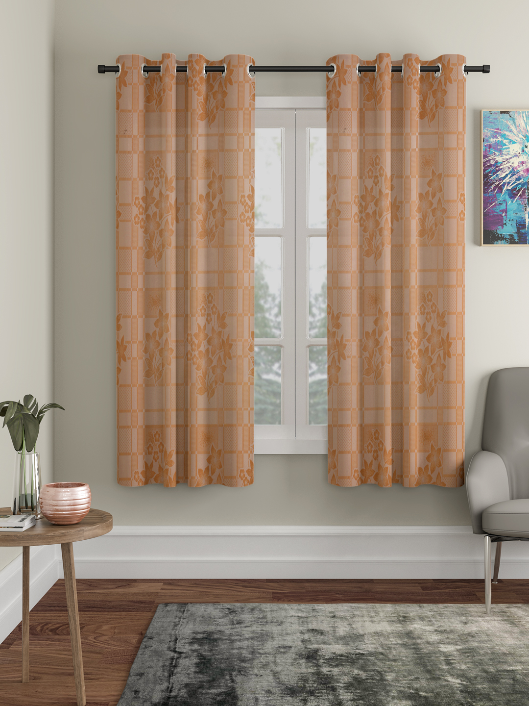 Checkered Floral Design Window Curtain Pack of 2