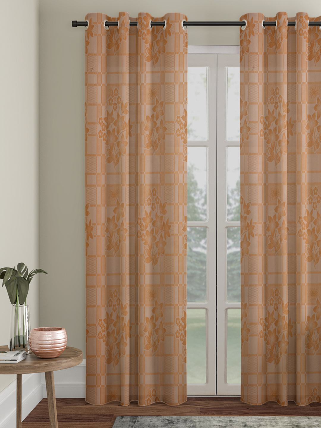 Checkered Floral Design Door Curtain Pack of 1
