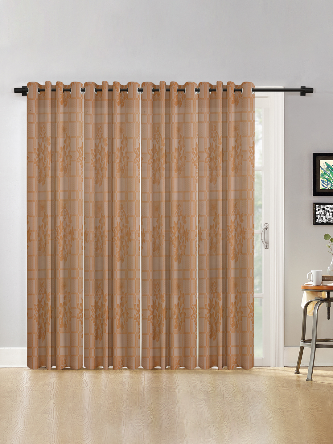 Checkered Floral Design XL Door Curtain Pack of 4