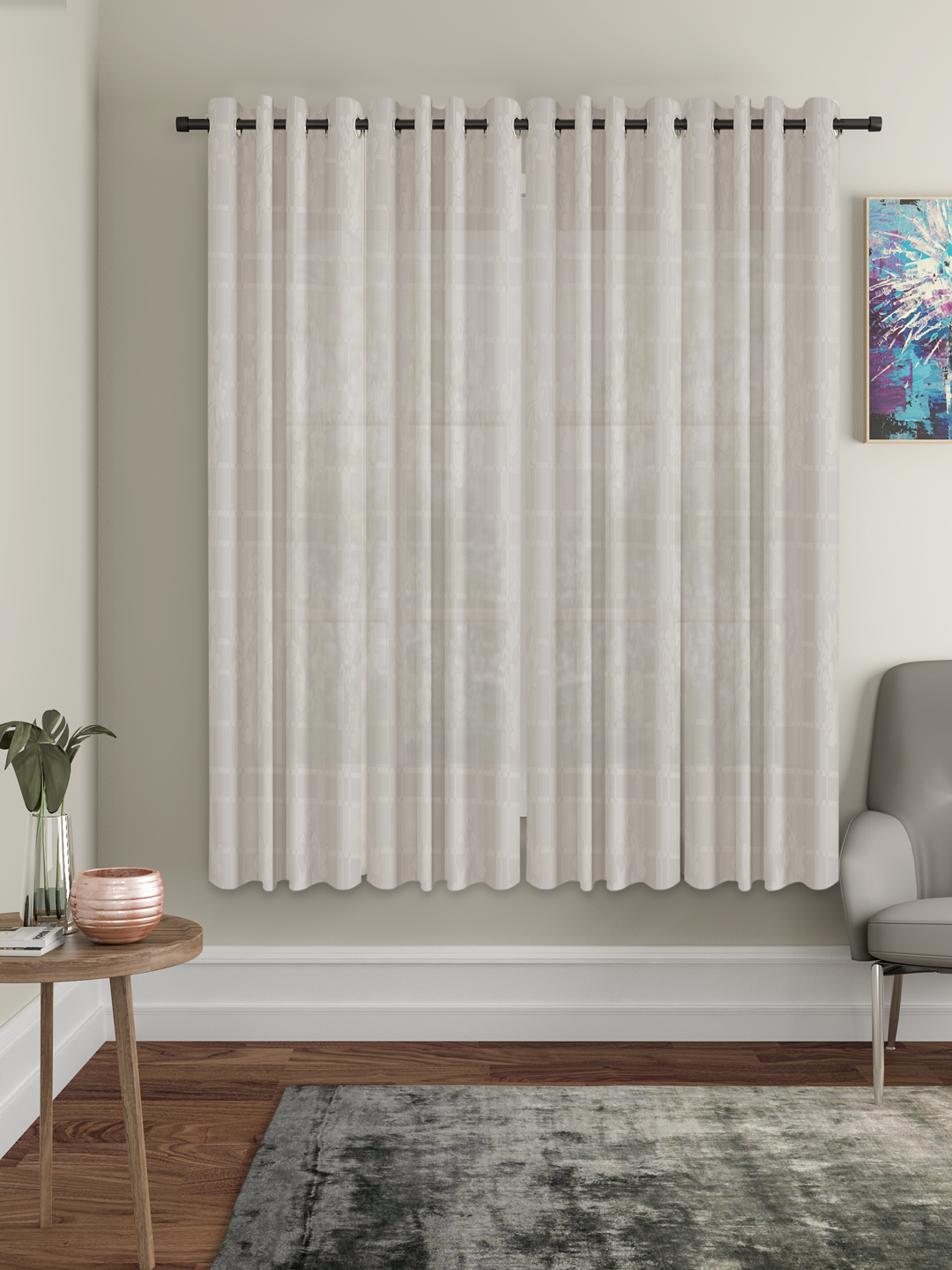 Checkered Floral Design Window Curtain Pack of 4