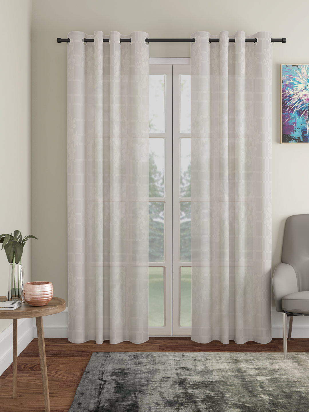Checkered Floral Design Door Curtain Pack of 2