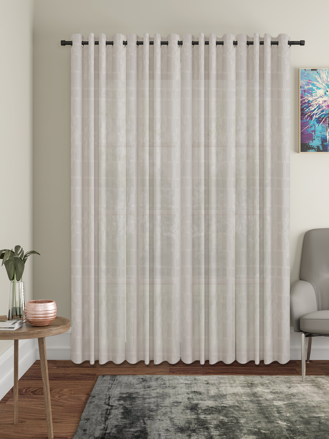 Checkered Floral Design Door Curtain Pack of 4