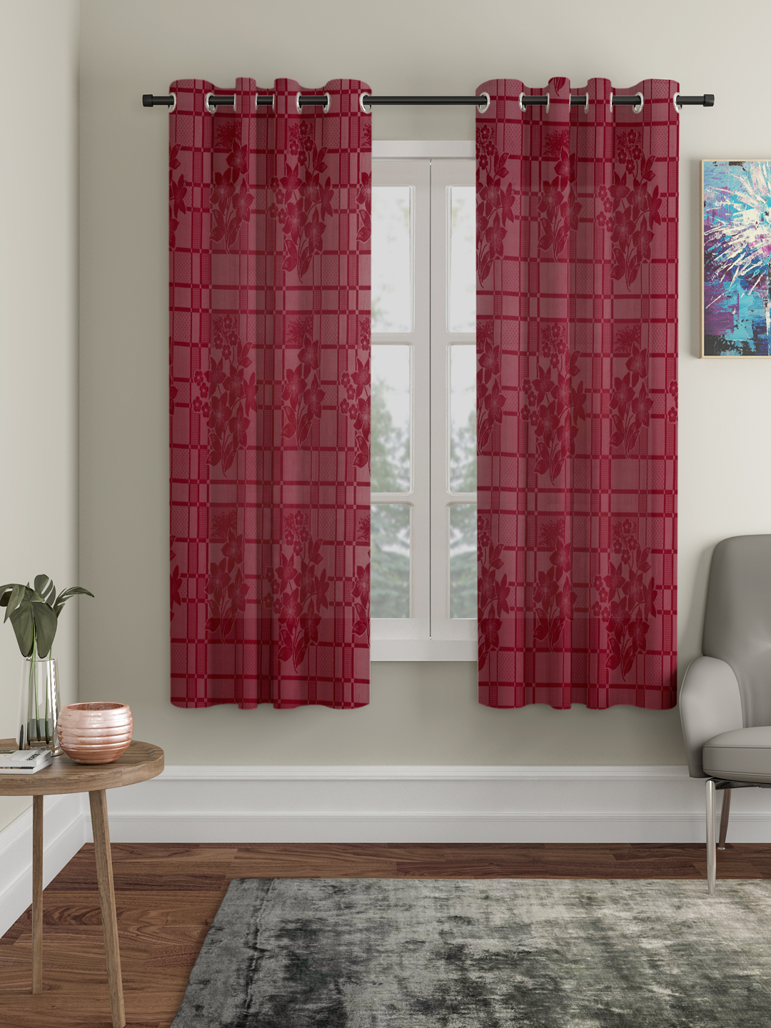 Checkered Floral Design Window Curtain Pack of 2