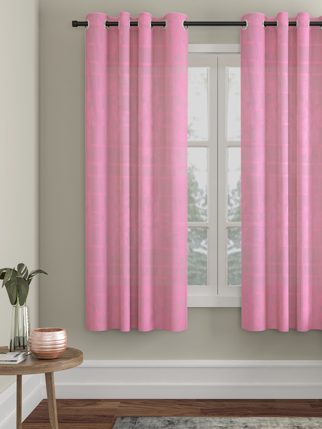 Checkered Floral Design Window Curtain Pack of 1