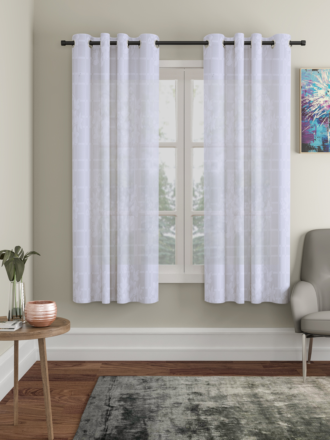 Checkered Floral Design Window Curtain Pack of 2