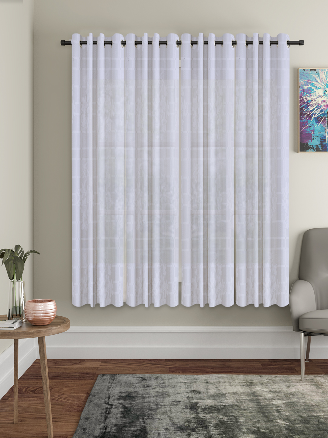Checkered Floral Design Window Curtain Pack of 4